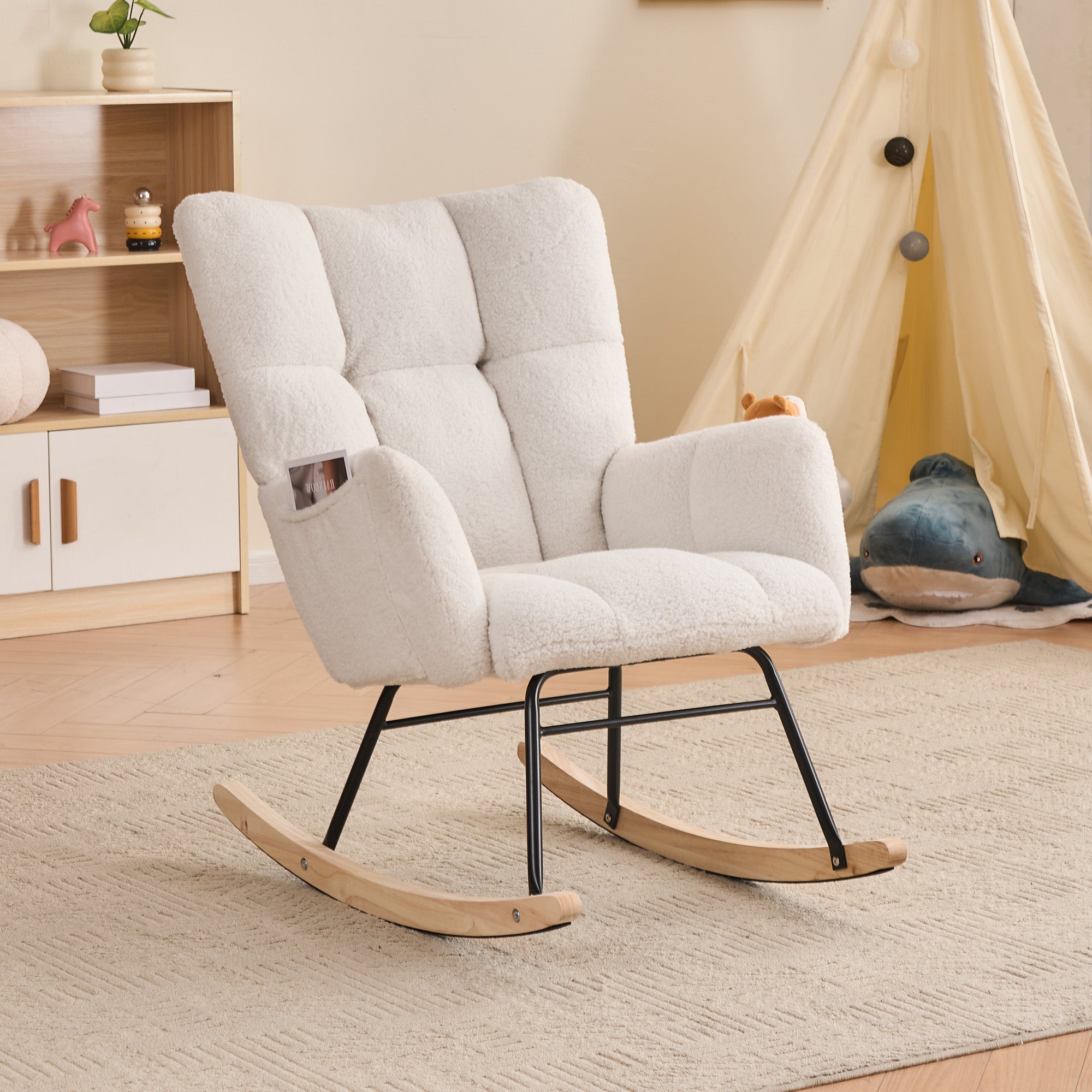 Teddy Fabric Leisure Rocking Chair with Tufted Backrest