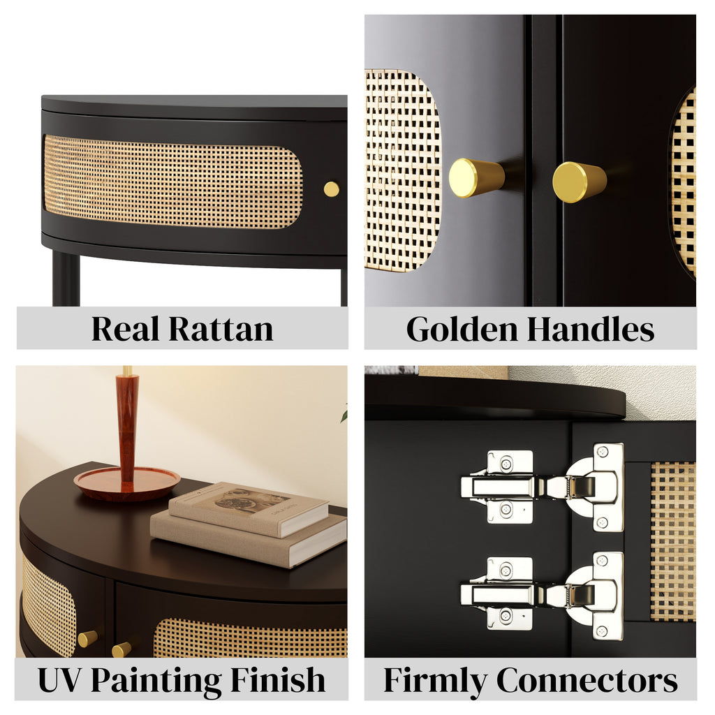 Unique Half Moon Design End Table with Sliding Rattan Door