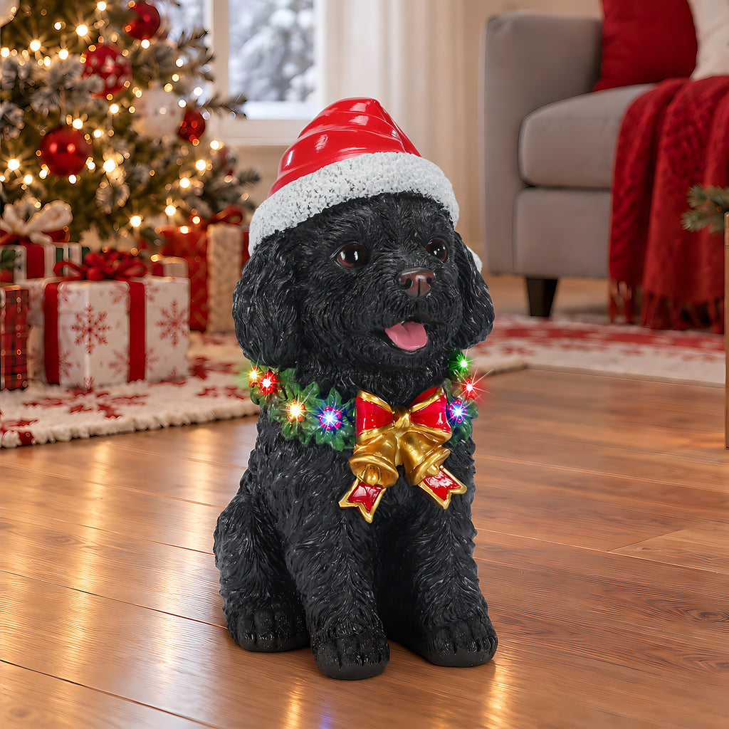 Lighted Christmas Teddy Poodle Dog Statue, Santa Hat Puppy Figurine, Black