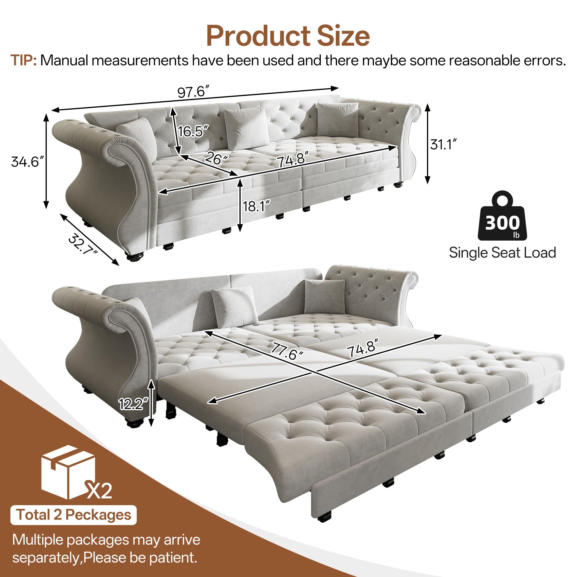 Oversized Chesterfield Pull Out Sofa Bed with Flower Tufting