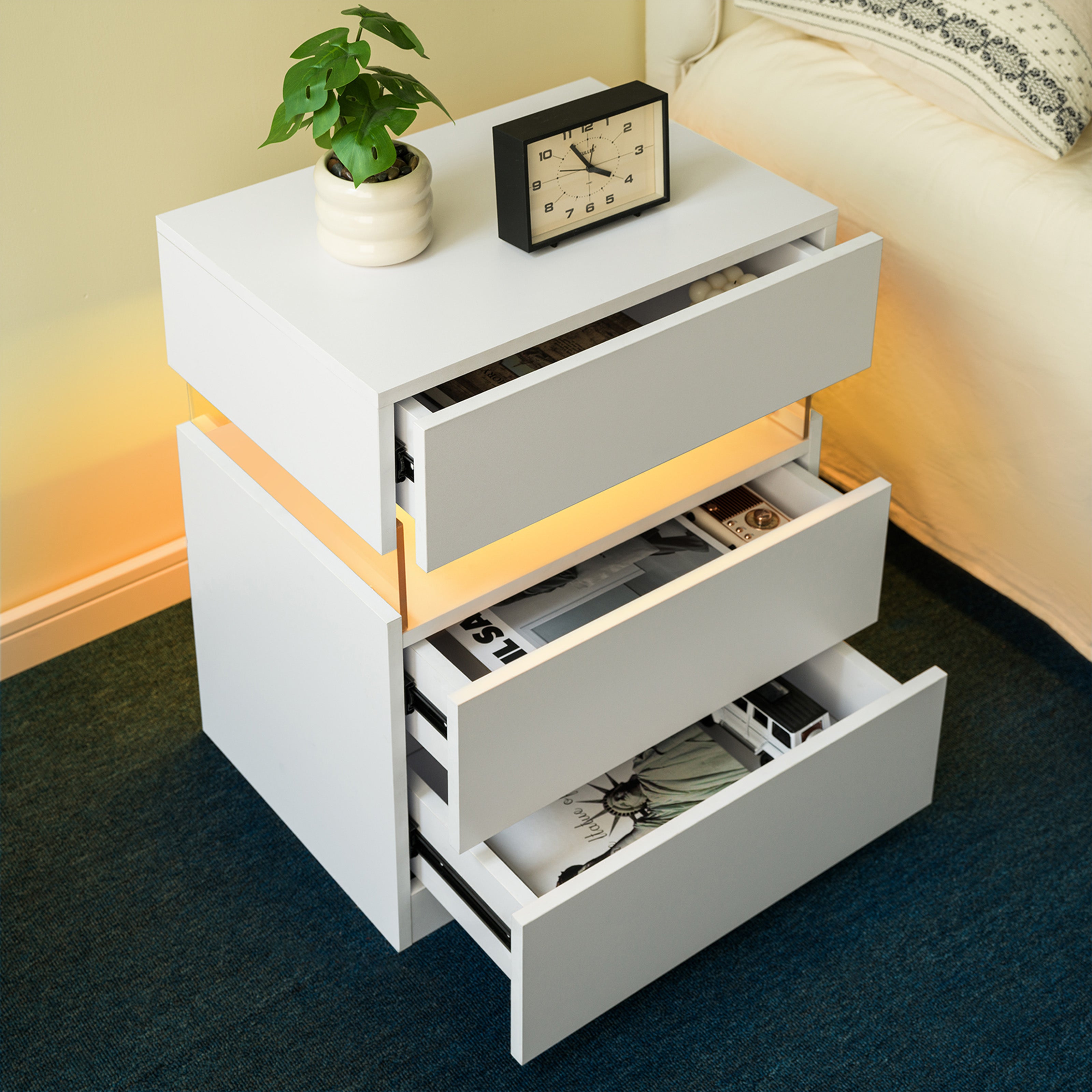LED Nightstands 3 Drawer Dresser for Bedroom