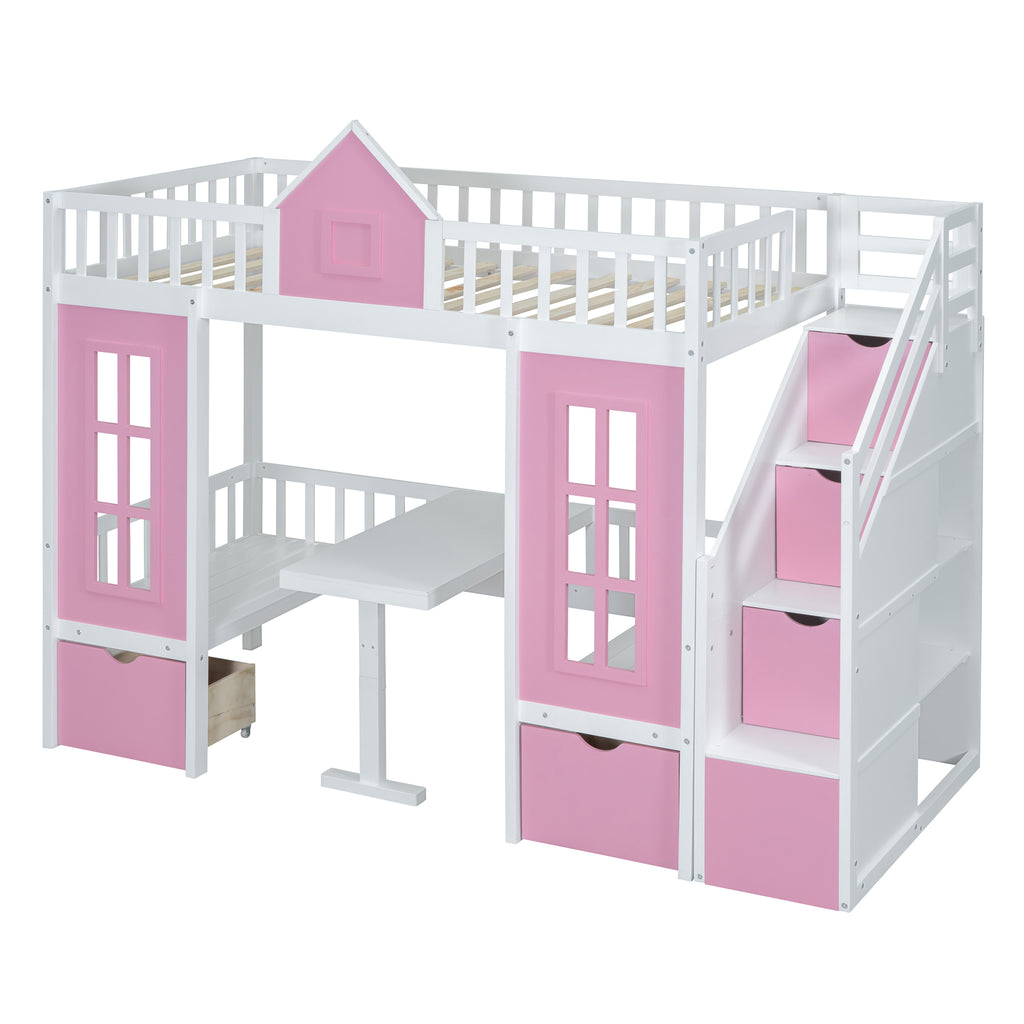 Twin-Over-Twin Bunk Bed with Changeable Table - Pink