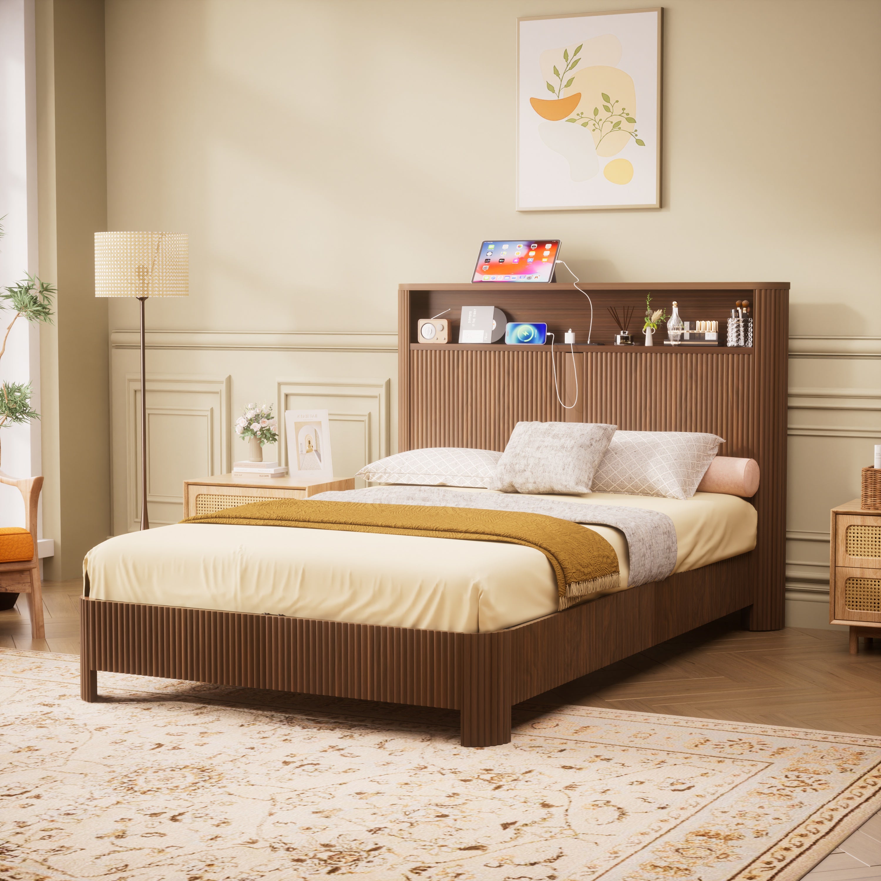Full Extra Long Size Bed Frame with Storage Headboard