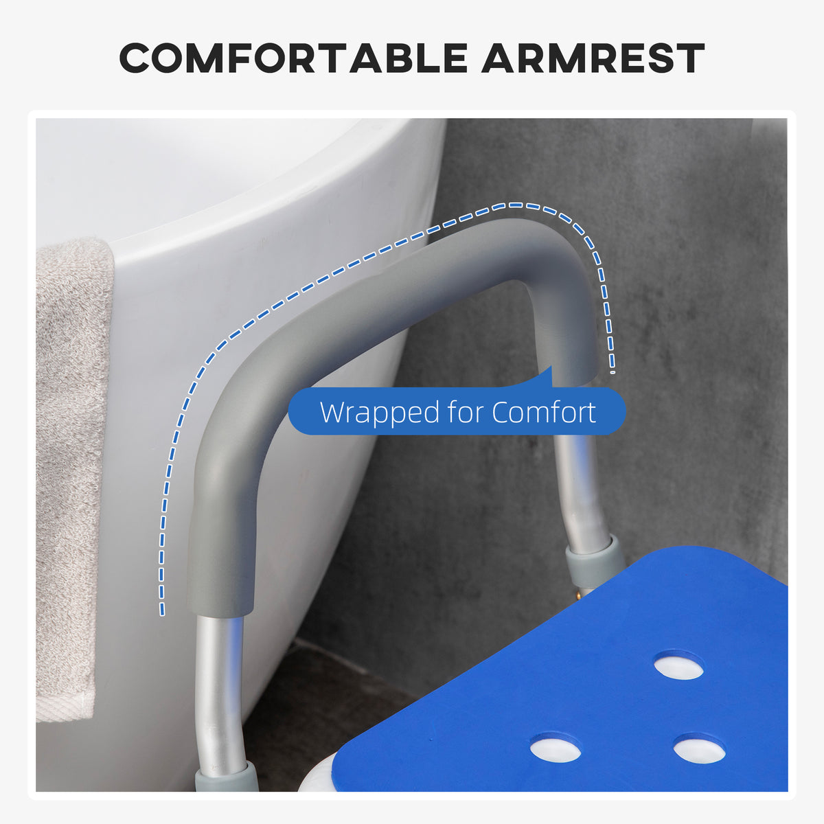 HOMCOM EVA Padded Shower Chair with Arms and Back, Bath Seat with Adjustable Height, Anti-slip Shower Bench for Seniors and Disabled, Tool-Free Assembly, 299lbs