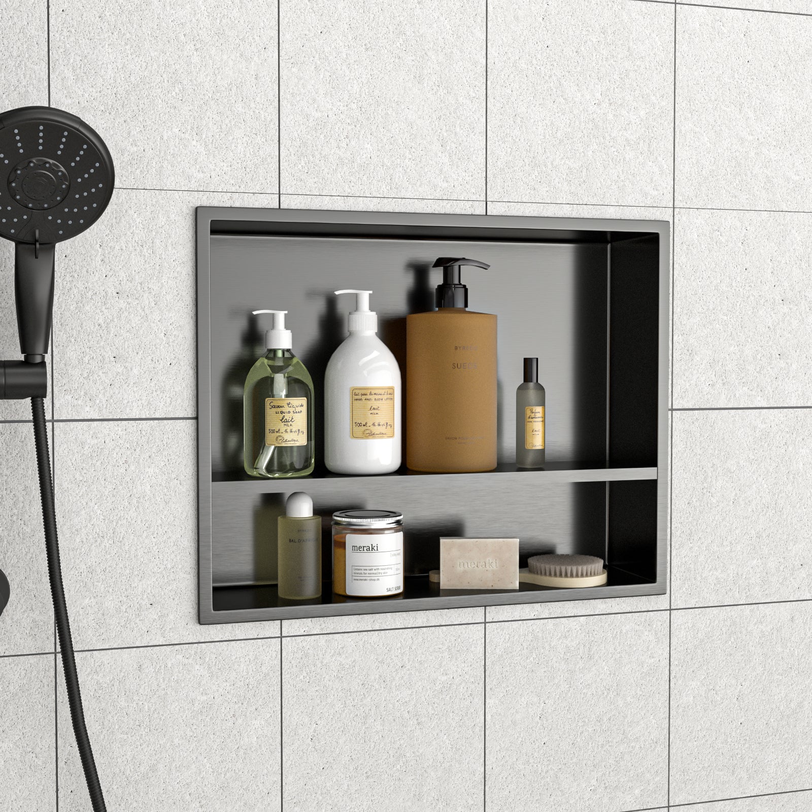 19" x 15" Stainless Steel Shower Niche Double Shelf, Gunmetal