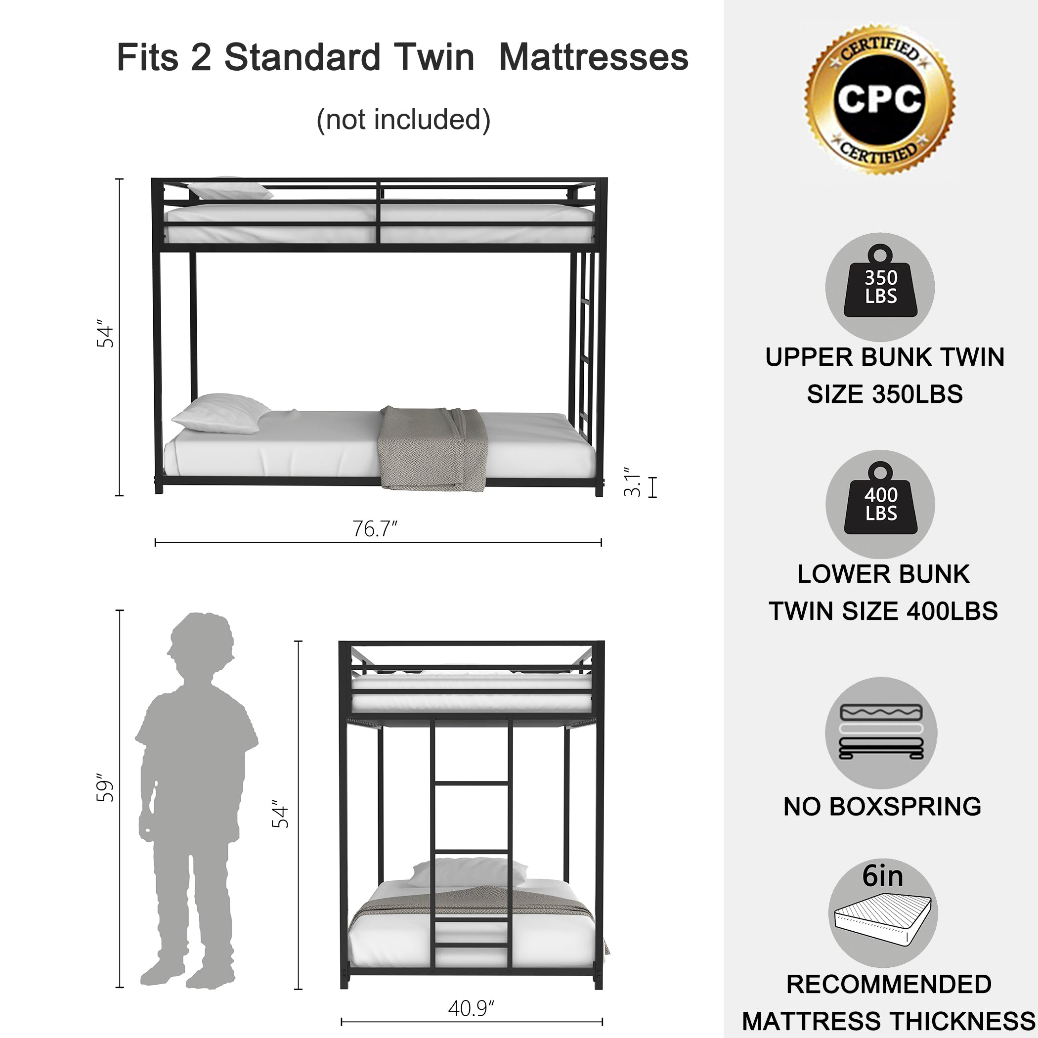 Adam Sturdy Twin Over Twin Bunk Bed Metal