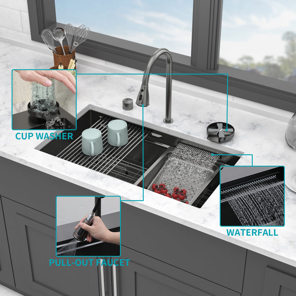 33" Undermount Waterfall Gunmetal Kitchen Sink