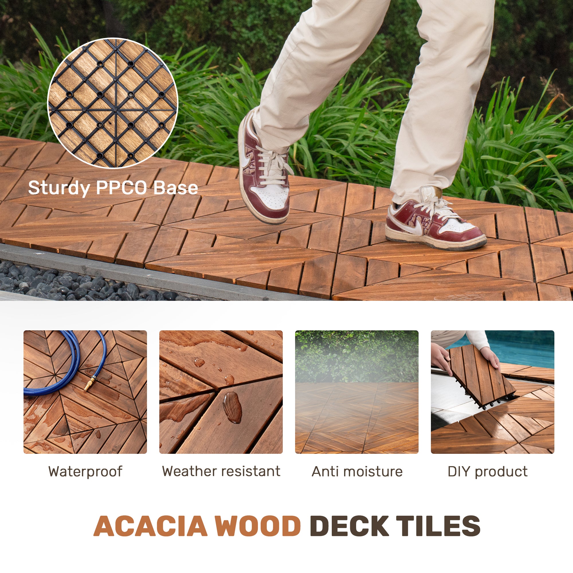 27 PCS Interlocking Acacia Wood Deck Tiles