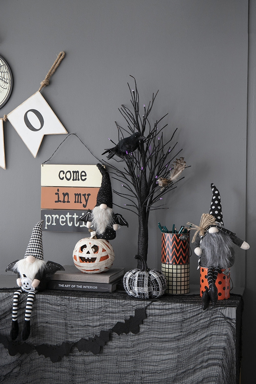 Black Halloween Gnome – 25'' Fabric Decor with Broomstick & Dangly Legs