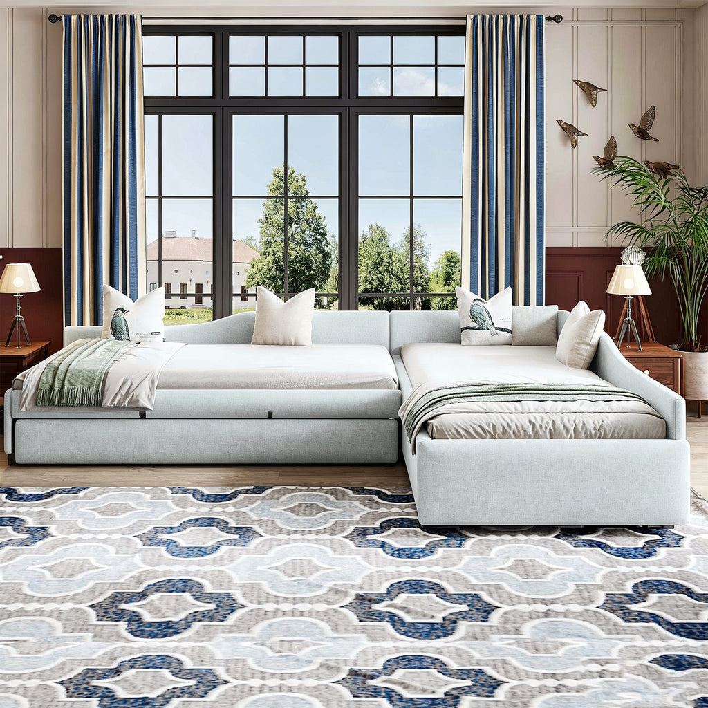 Upholstered Double Twin Size Daybed with Trundle and Drawer