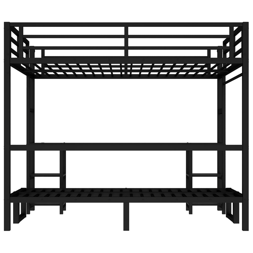 Queen Over Twin XL Metal Bunk Bed with Desk and Shelves