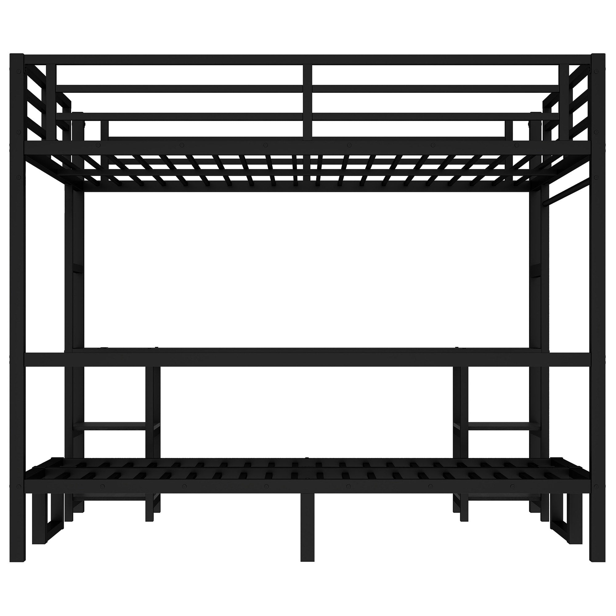 Queen Over Twin XL Metal Bunk Bed with Desk and Shelves
