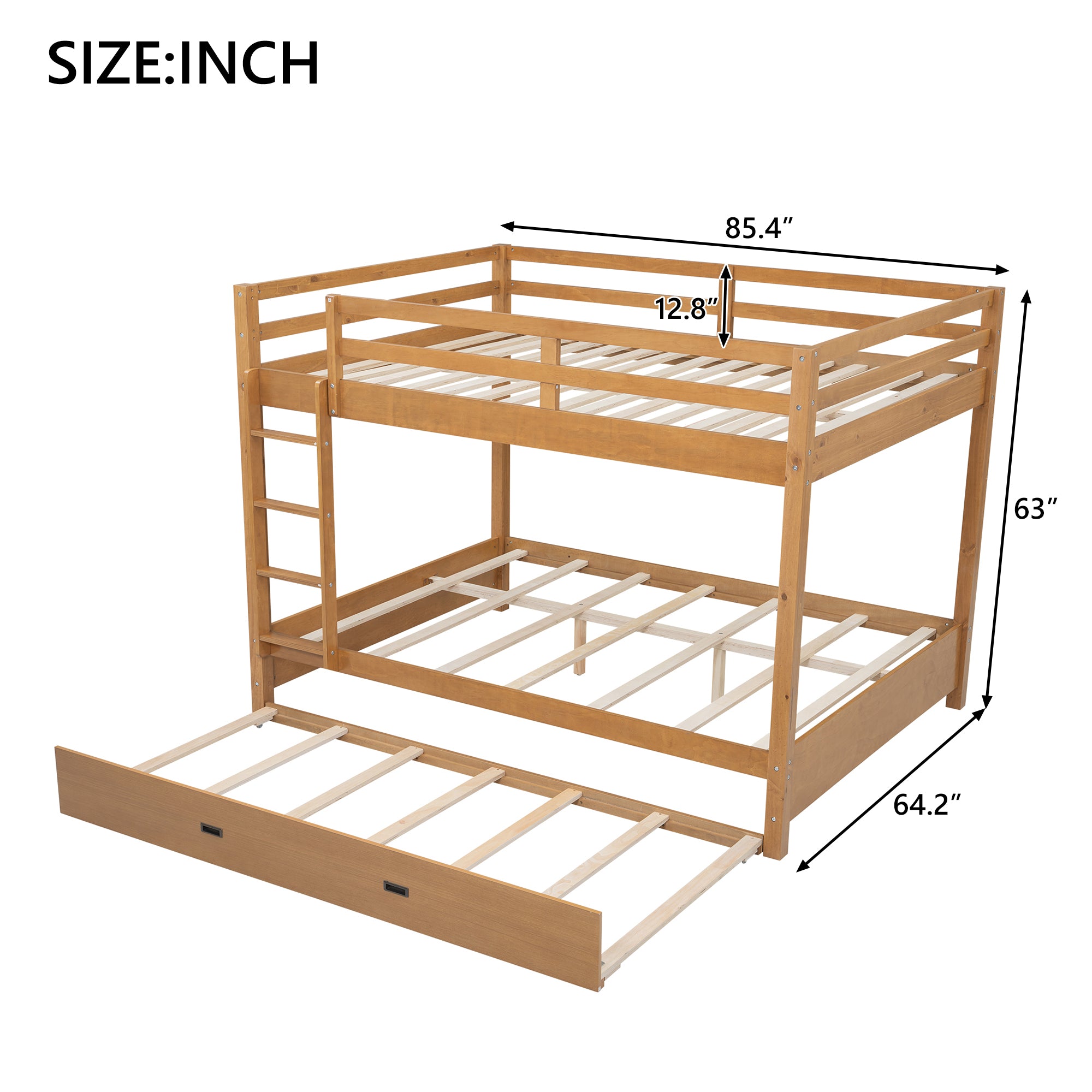 Wood Queen Size Bunk Bed with Ladder and Trundle, Wood Color