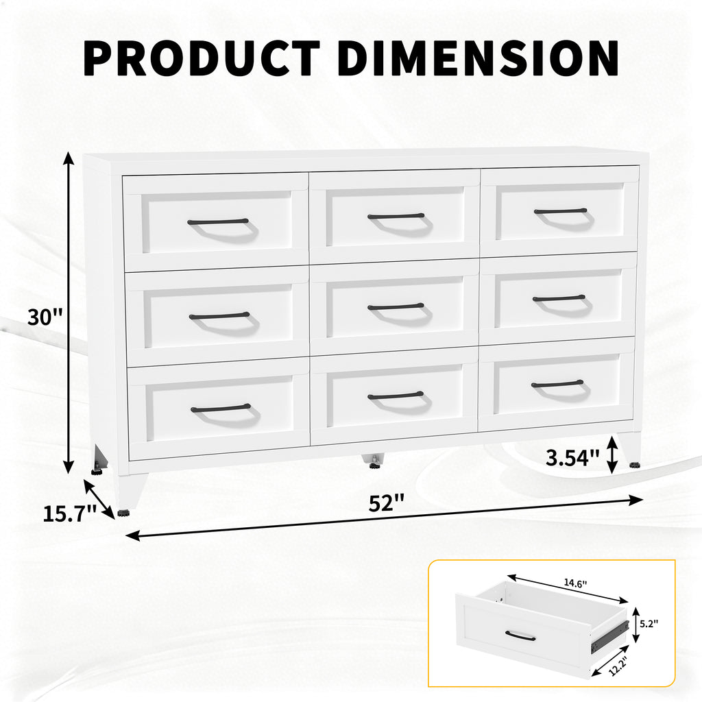 9 Drawer Dresser for Bedroom, Metal Profile Chest of Drawers
