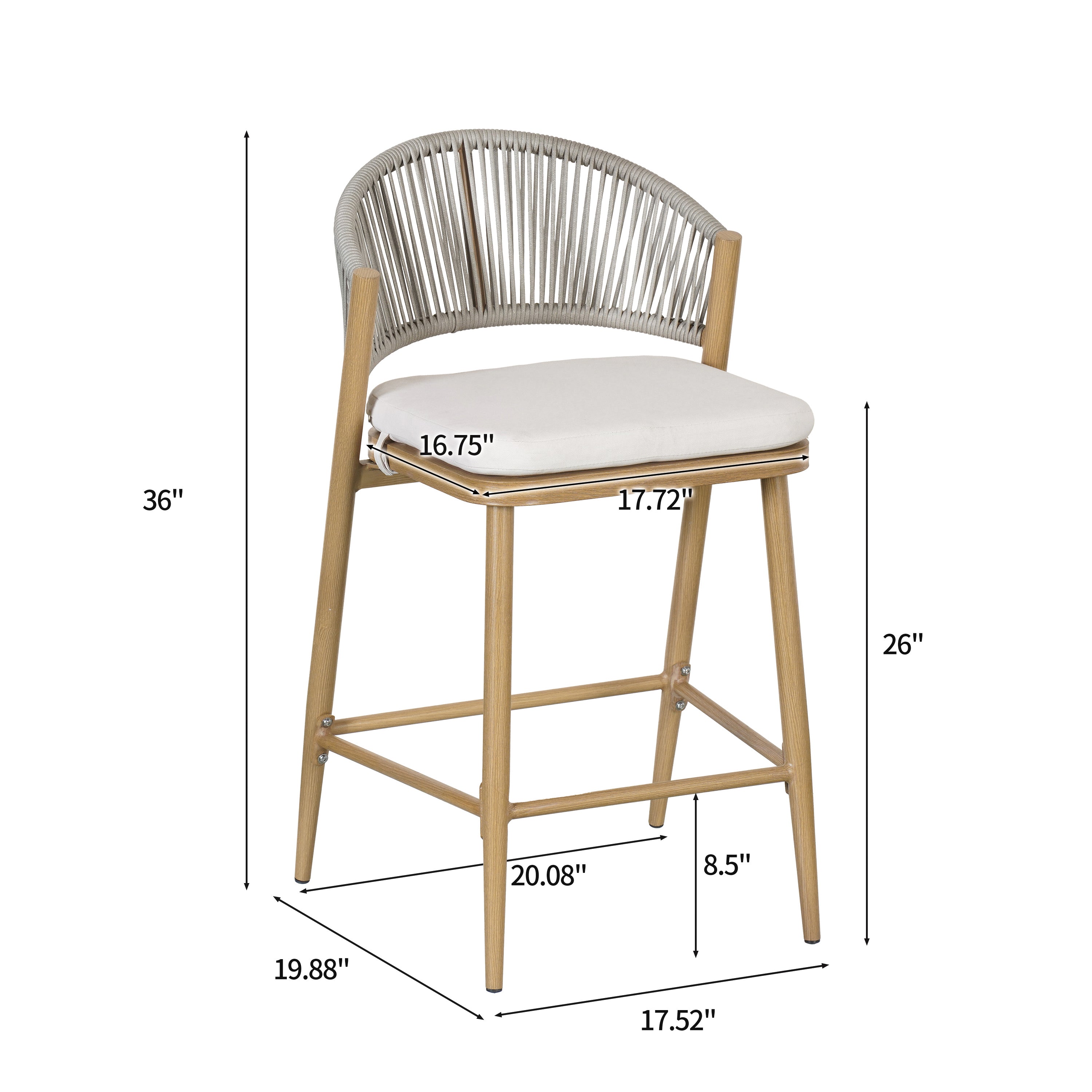 Outdoor 26" Seat Height Aluminum Frame Counter Stools with Rattan Backrest