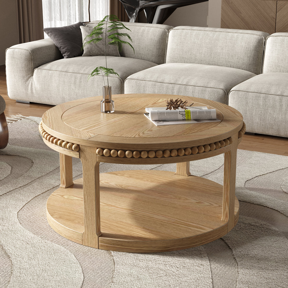 Round Solid Wood Coffee Table, 31.5 Inch, Two-Tier, Natural Wood