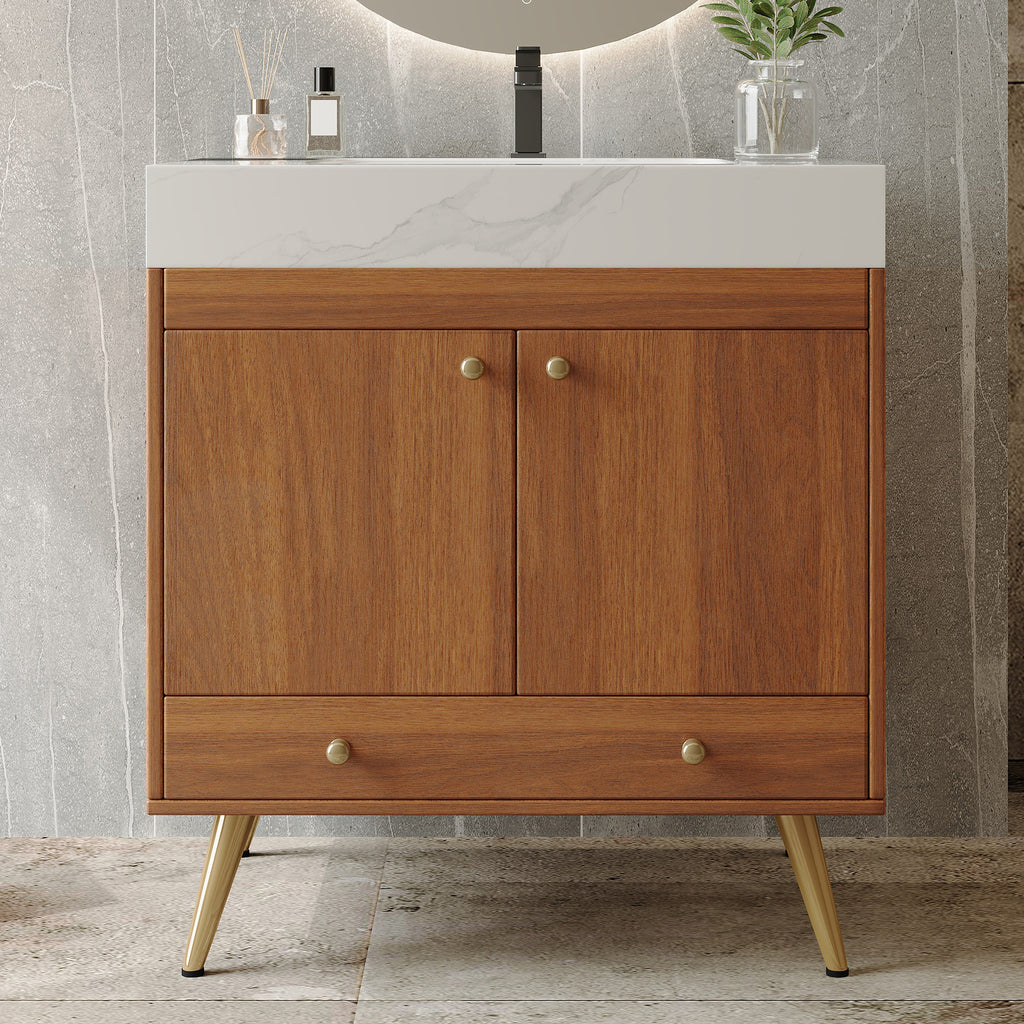 Mid-Century Freestanding Bathroom Vanity with Faux Marble Top