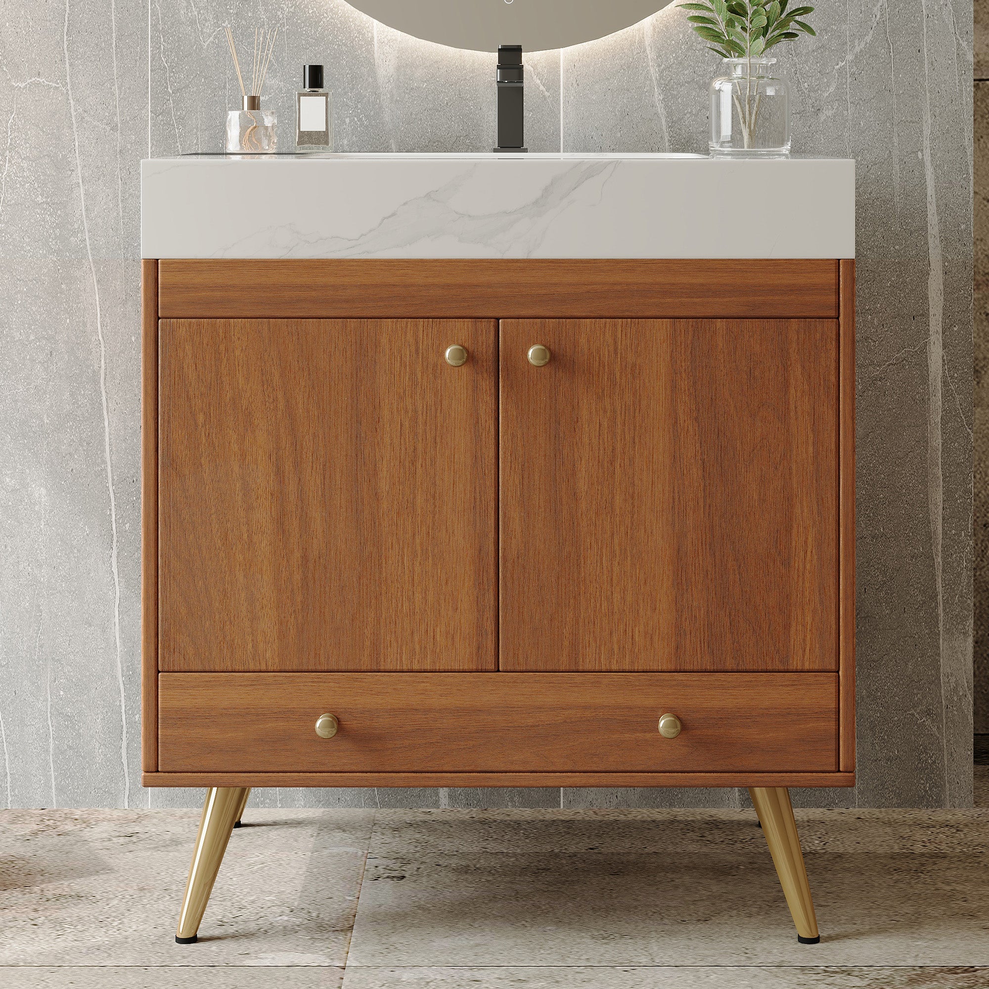 Mid-Century Freestanding Bathroom Vanity with Faux Marble Top