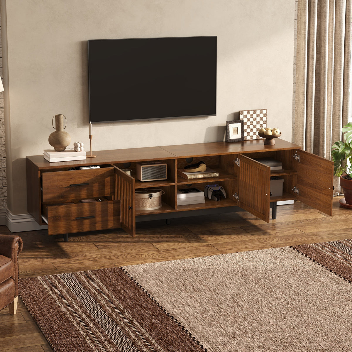 78-Inch TV Stand for 75–85 Inch TVs, Walnut MDF Media Console with Soft-Close Drawers