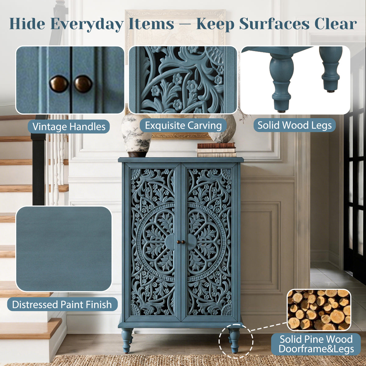 Farmhouse Accent Storage Cabinet, 2-Door Hollow Carved, Antique Blue