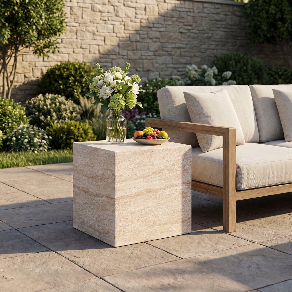 Outdoor/Indoor Square Travertine Lightweight Concrete Side Table