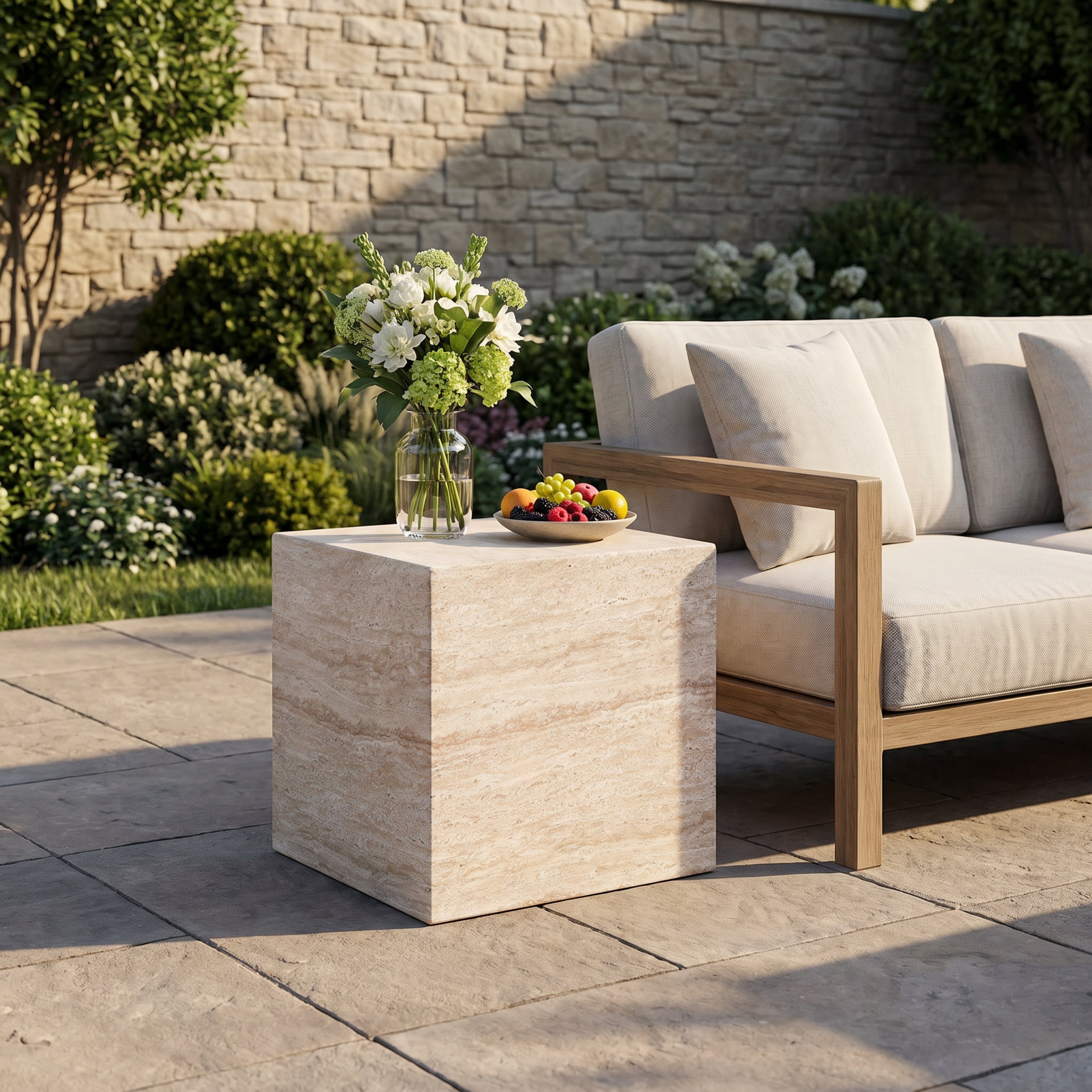 Outdoor/Indoor Square Travertine Lightweight Concrete Side Table
