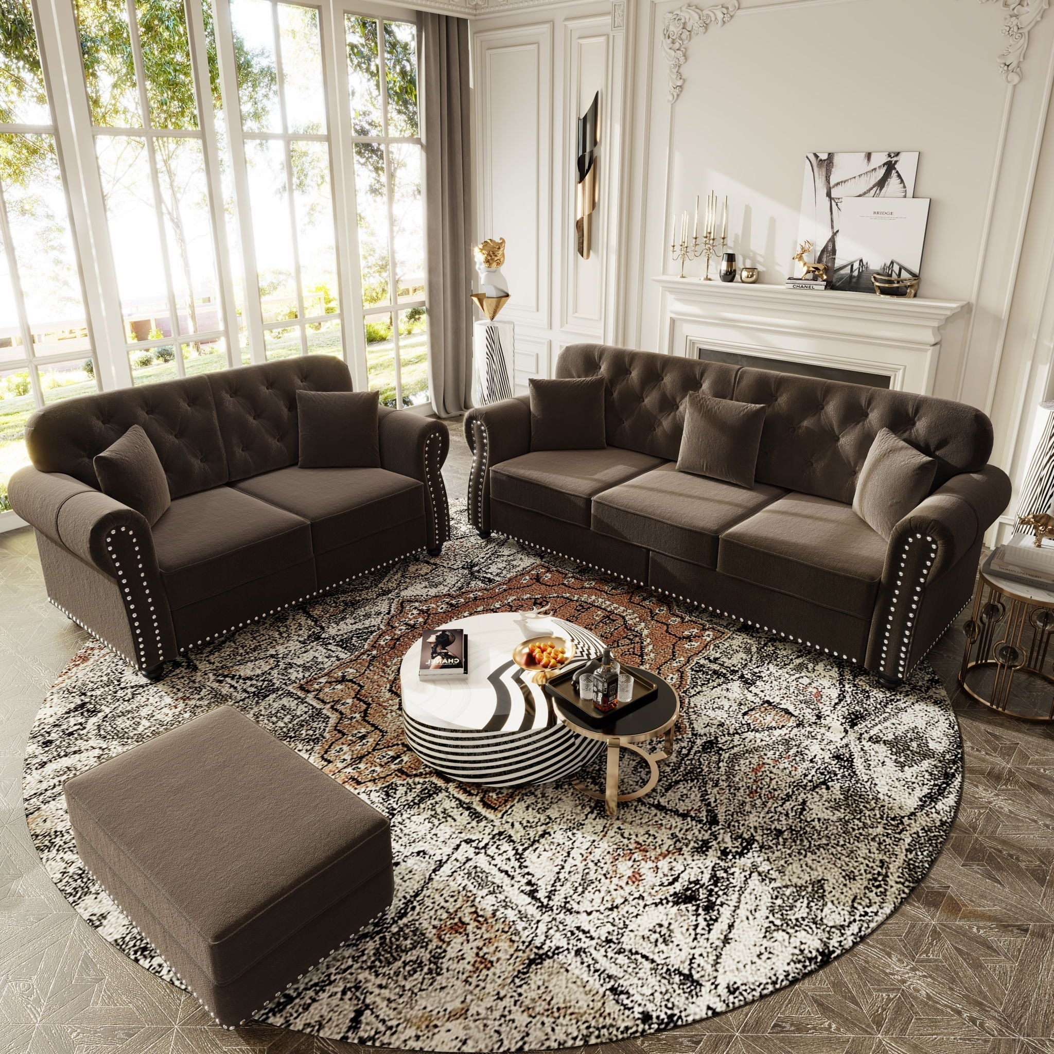 Upholstered Sofa Set With Nailhead Trim And Rolled Armrests, Includes Pillows