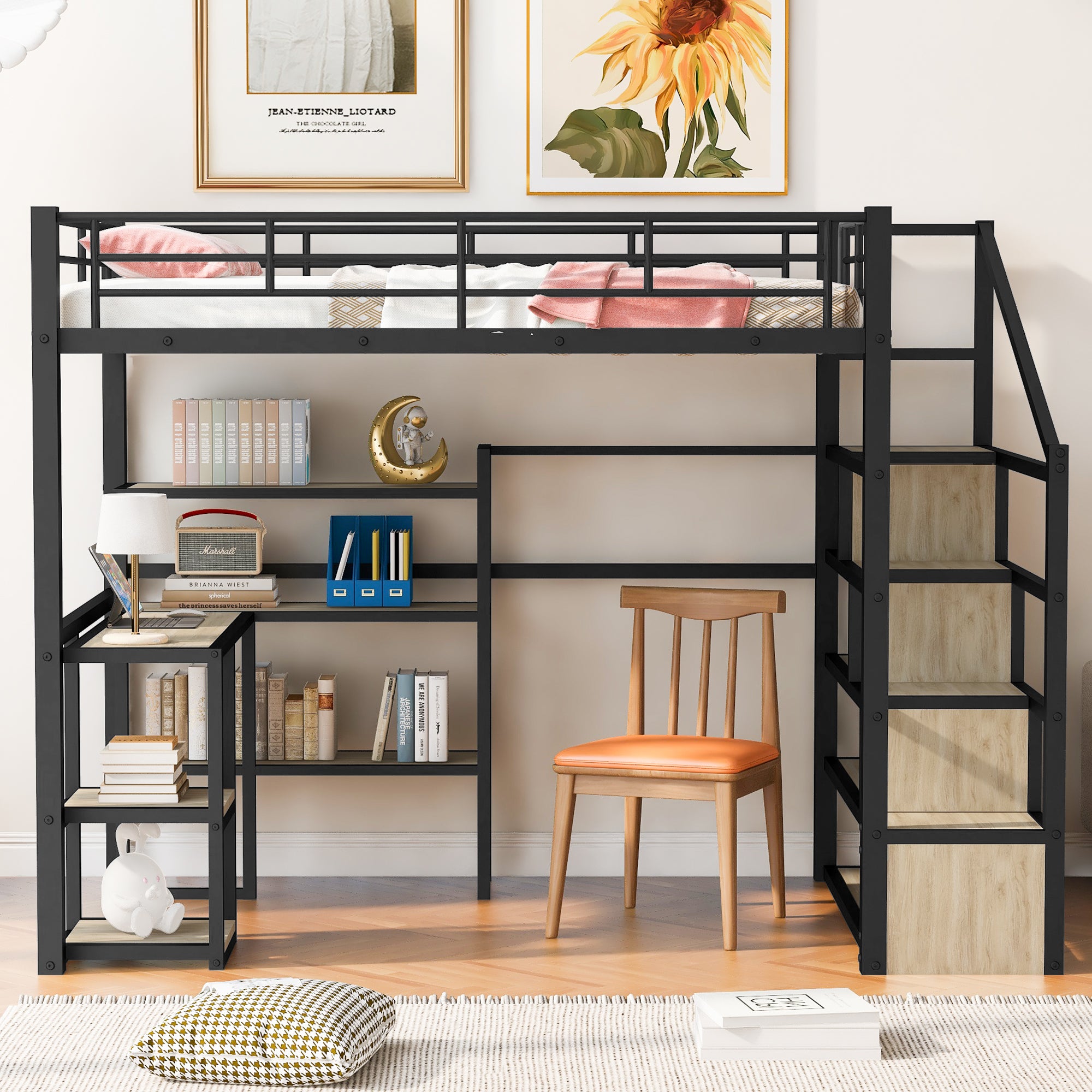 Full Size Metal Loft Bed with Staircase, Built-in Desk and Shelves