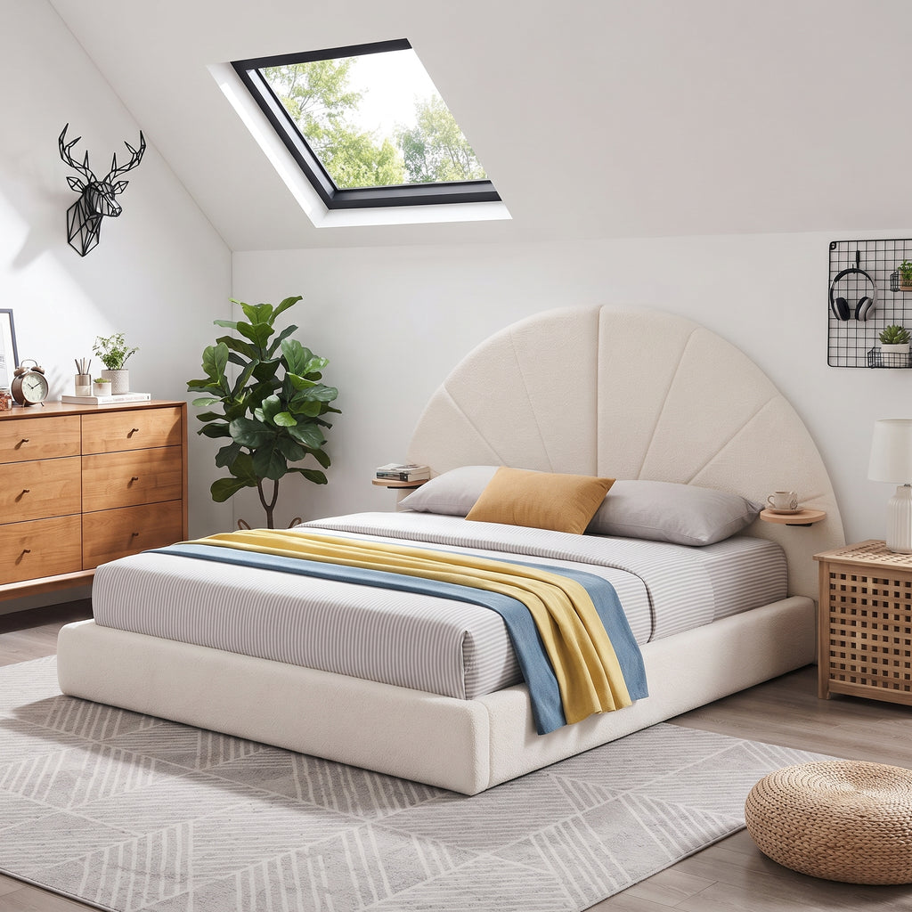 Unique Arched Boucle Bed with Small Table, Queen