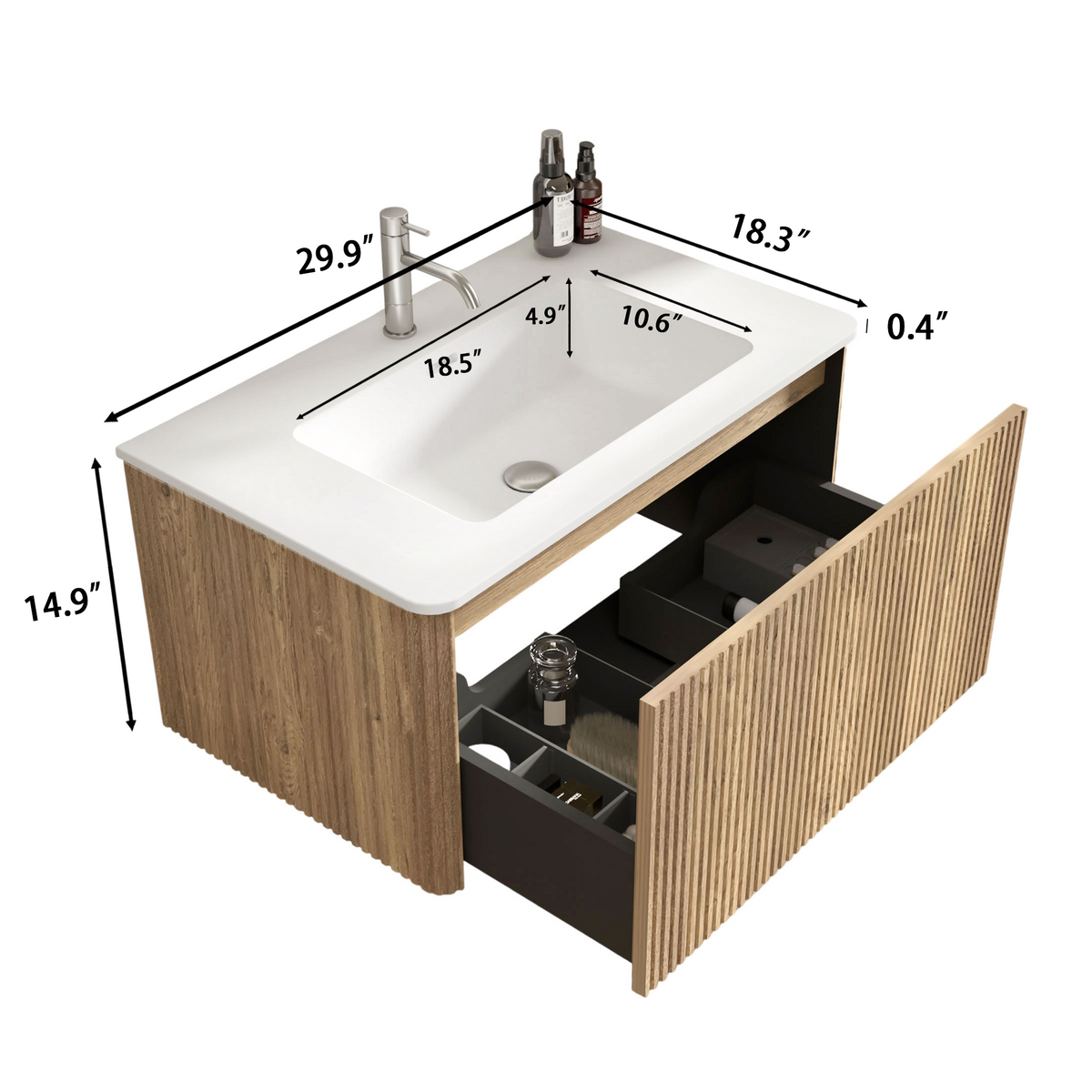 Etna 30-Inch Oak Striped Bathroom Vanity with White Solid Surface Sink