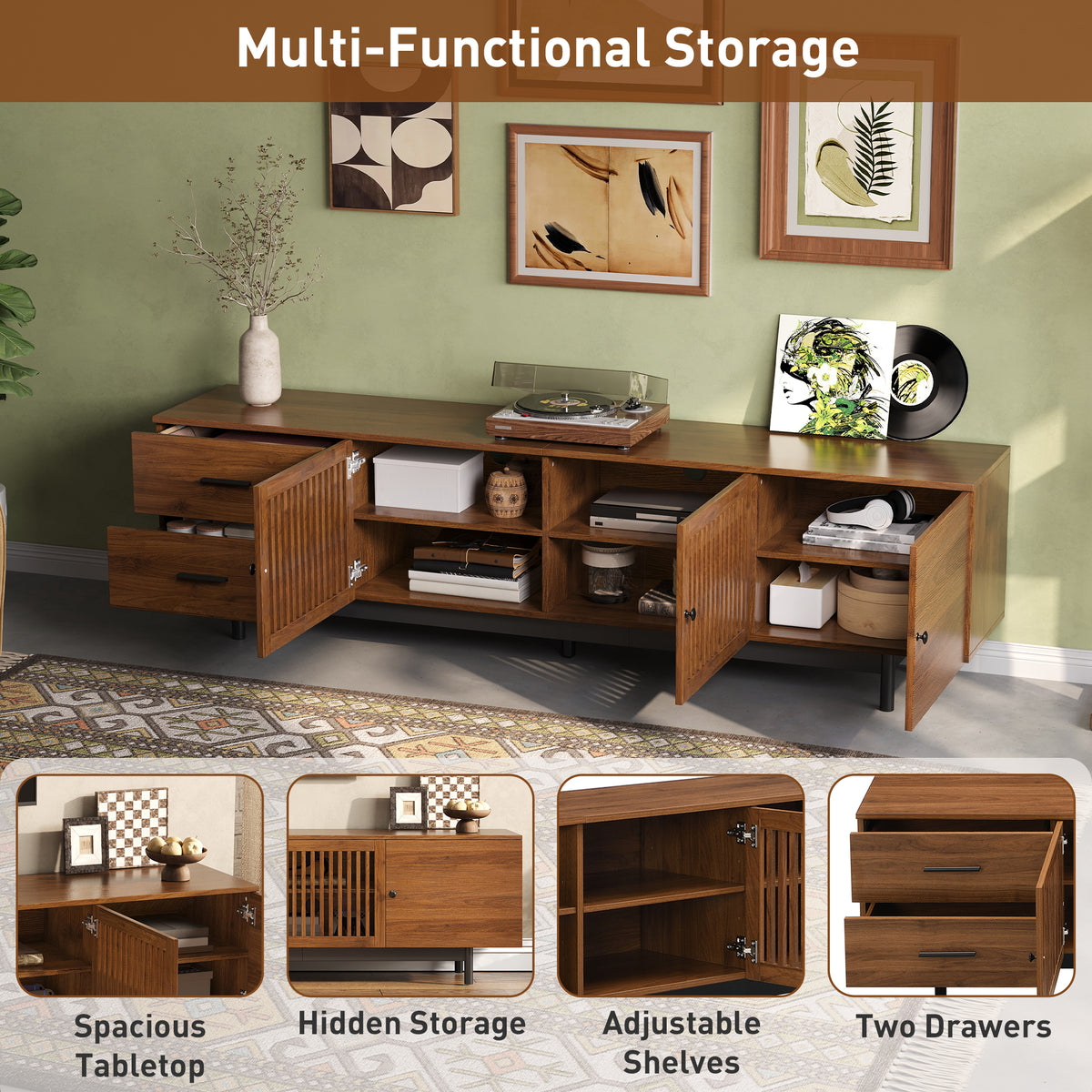 78-Inch TV Stand for 75–85 Inch TVs, Walnut MDF Media Console with Soft-Close Drawers