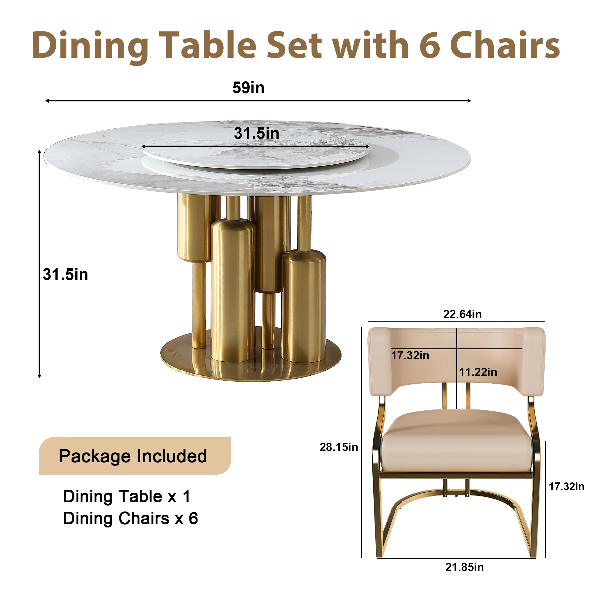 59" Round Sintered Stone Dining Table Set with Lazy Susan