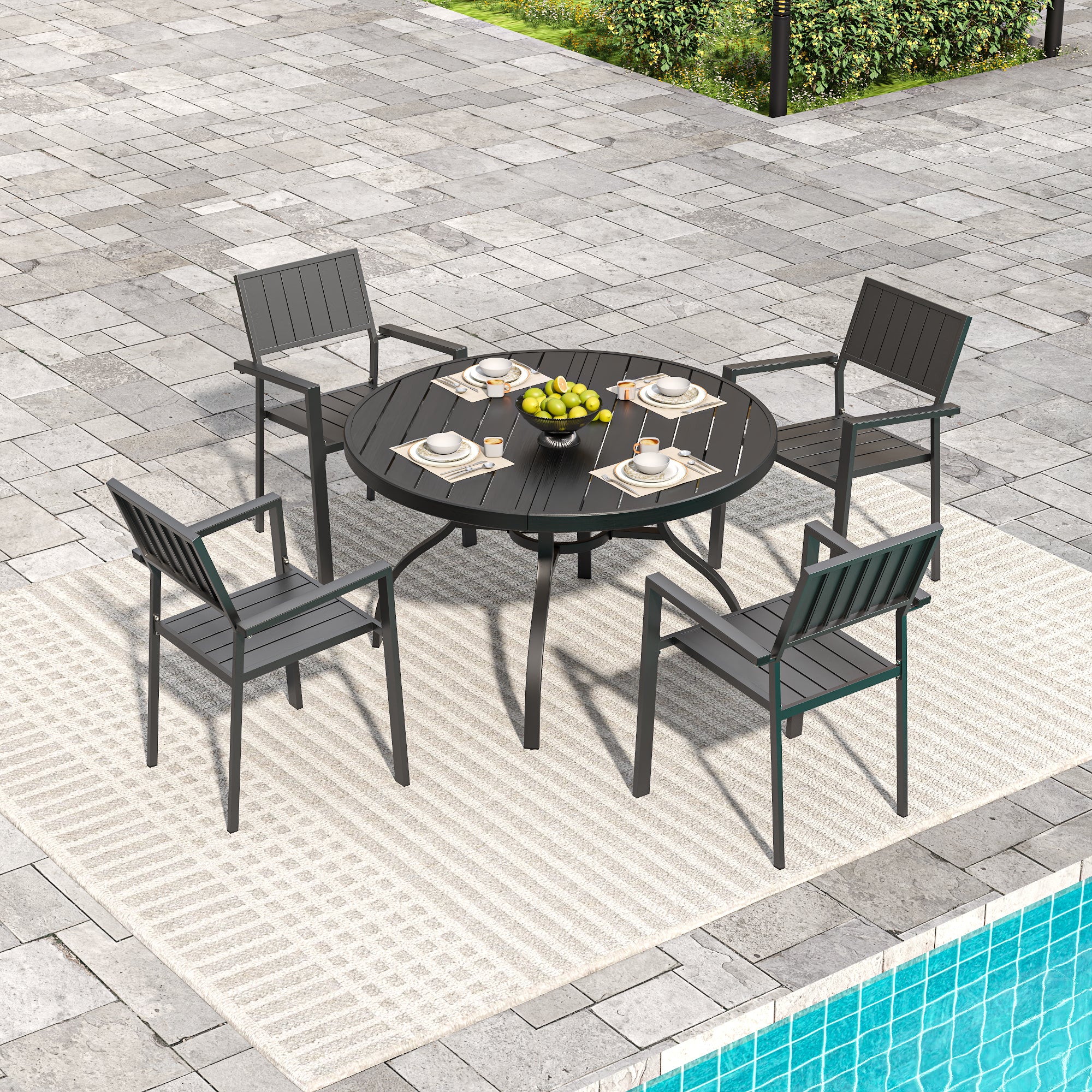 Round Faux Wood Slat Patio Table 47" with Umbrella Hole