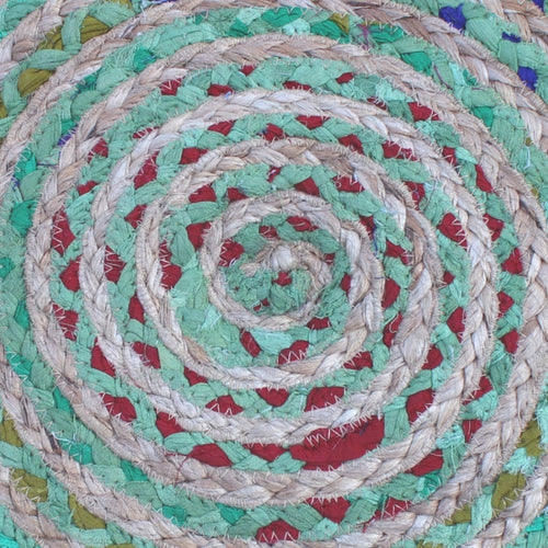 Margo 20 Inch Wide Round Pouf in Multi-Green Handwoven Jute and Cotton