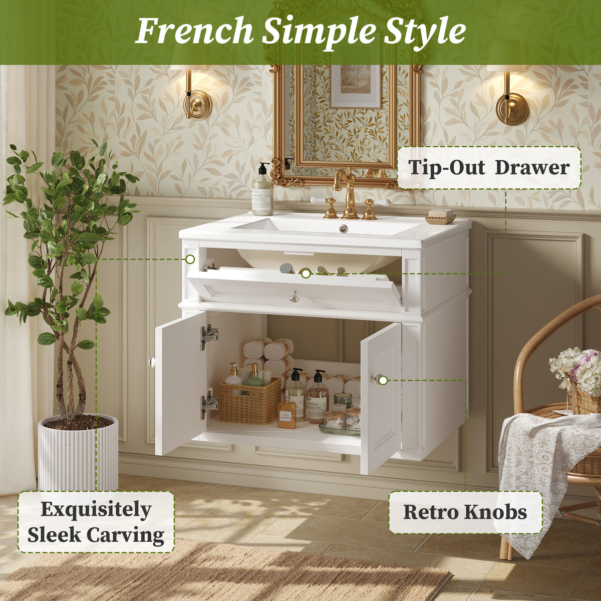 24-Inch Wall-Mounted Bathroom Vanity with Ceramic Sink and Soft-Close Doors, White