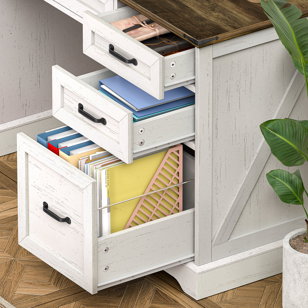58" Farmhouse Executive Desk with Drawers and File Cabinet