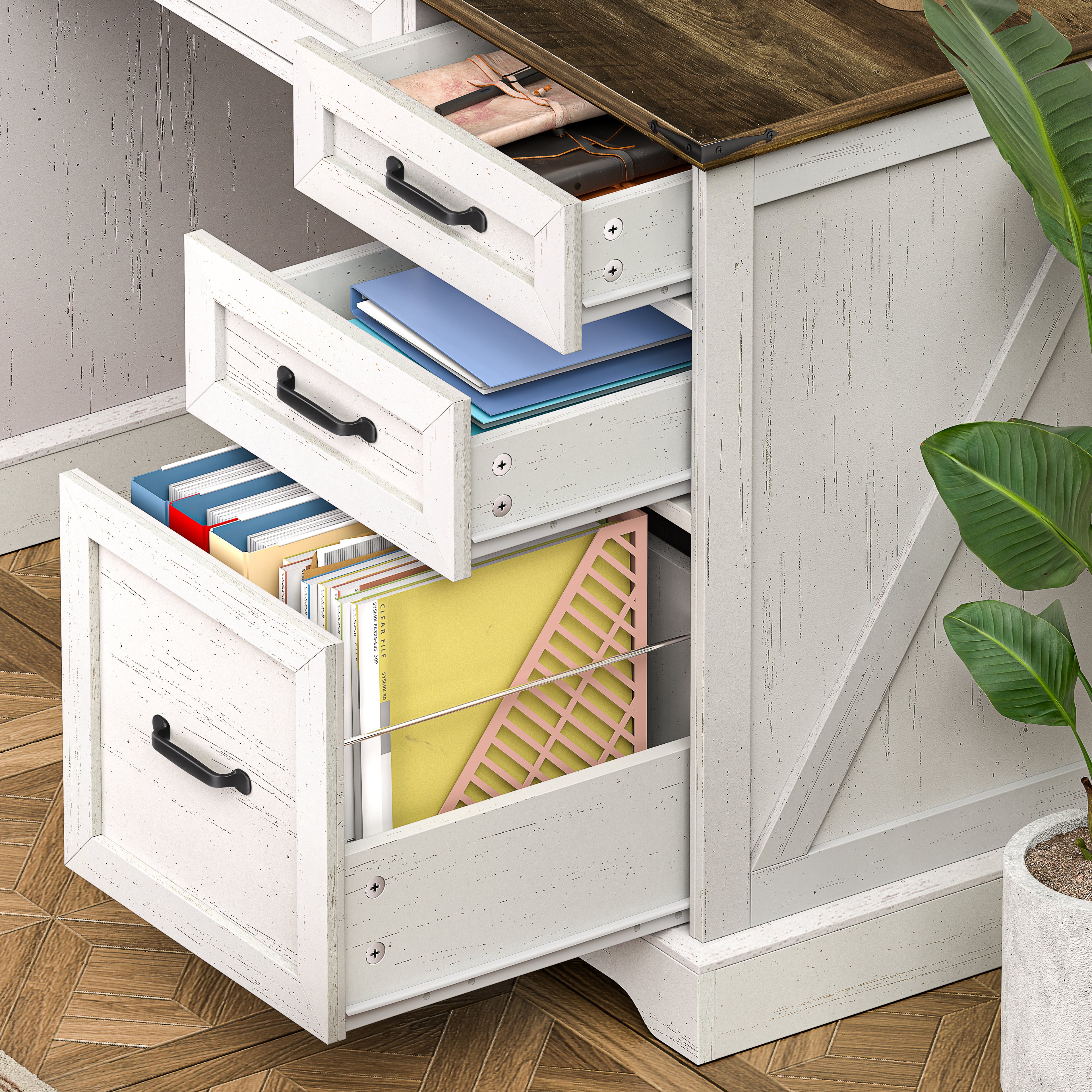 58" Farmhouse Executive Desk with Drawers and File Cabinet