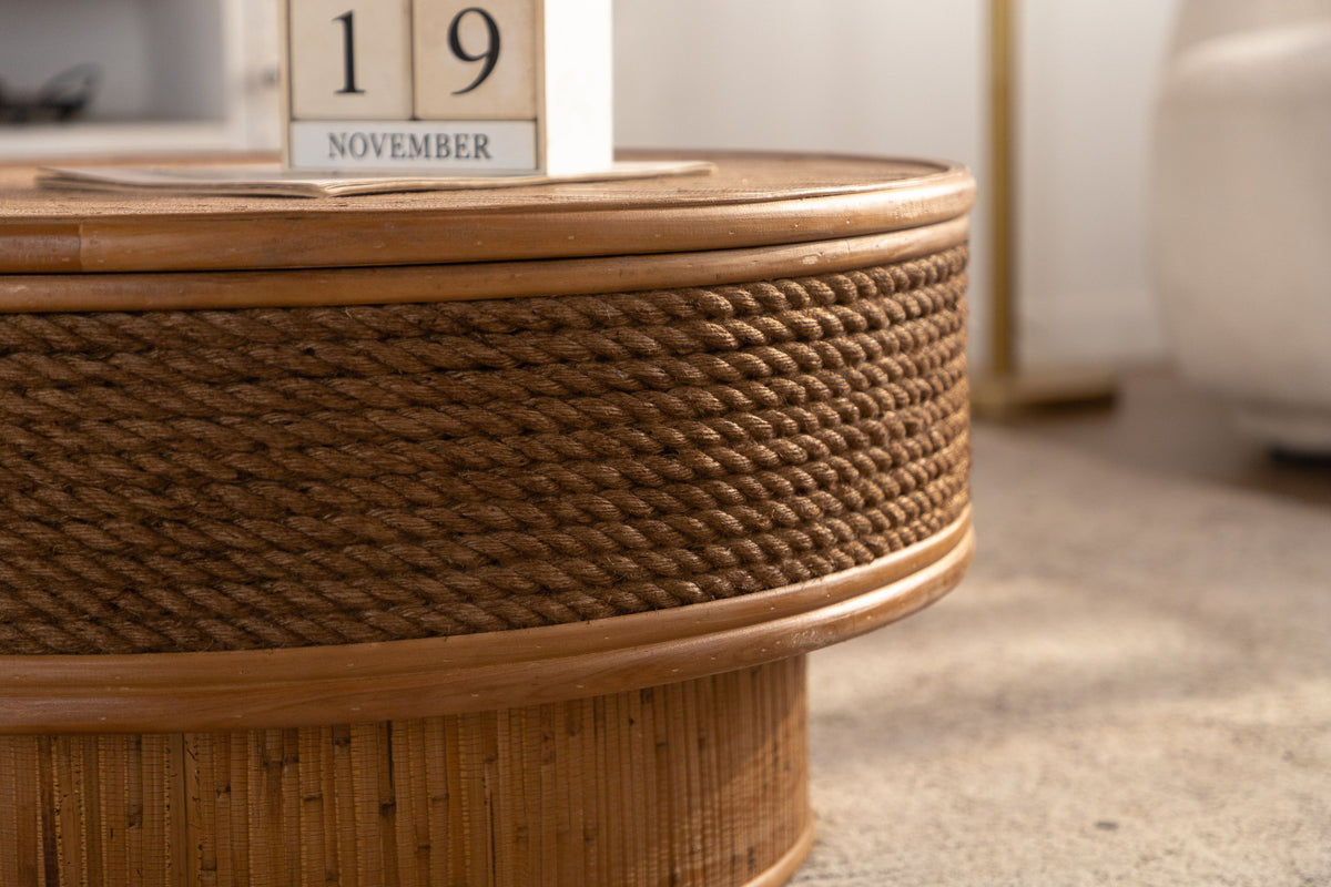 31.5-Inch Round Retro Coffee Table With Flip-Top Cover, Natural