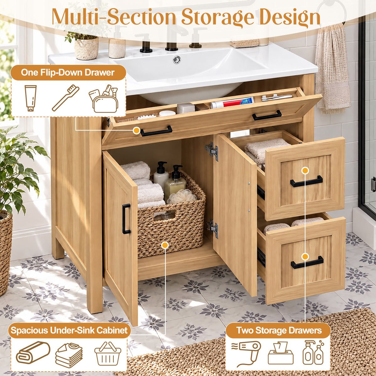 36-Inch Bathroom Vanity with Ceramic Sink, Soft-Close Doors and Drawers, Wood