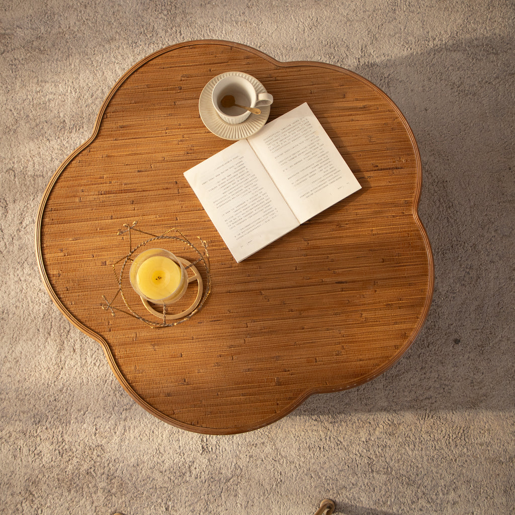 Flower-Shaped Rattan Coffee Table with Lift-Off Lid Storage