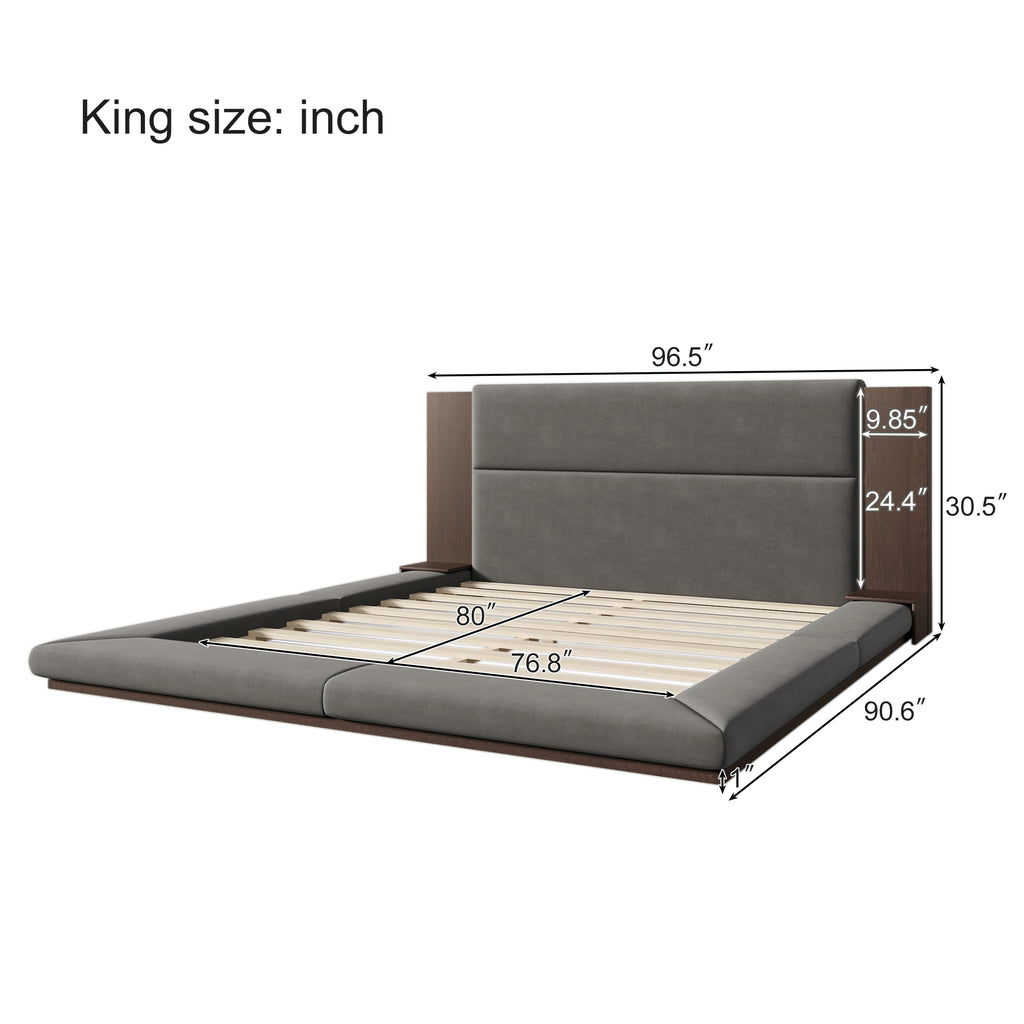 Floor Upholstered Platform Bed with Extended Wood Headboard
