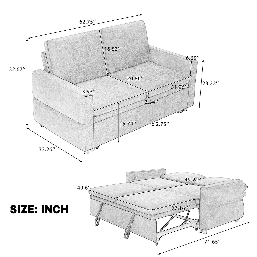 Convertible Sofa Bed 62.75" Sleeper Sofa Loveseat