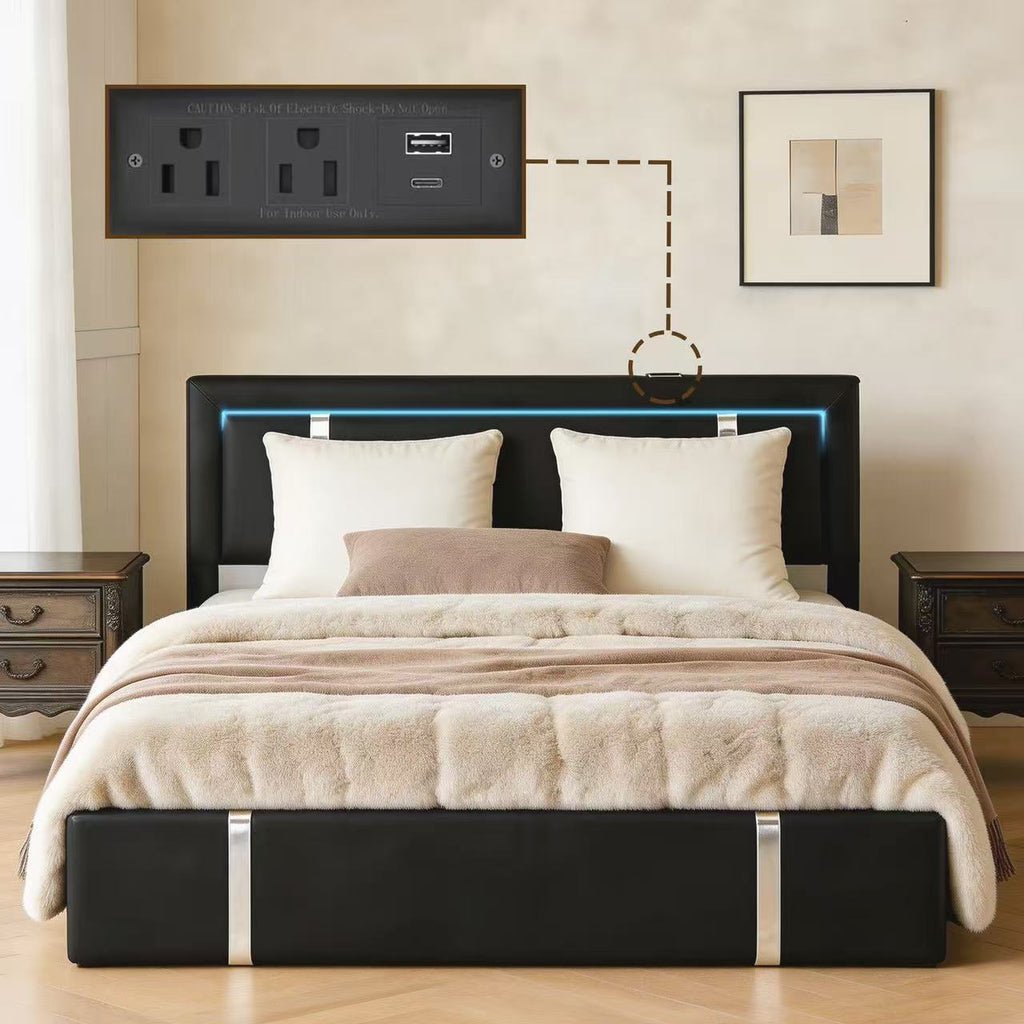 Queen Bed Frame with Adjustable LED Lights Headboard