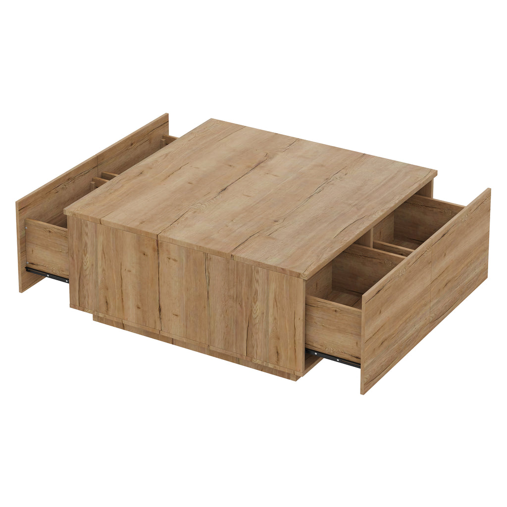 Square Coffee Table with 4 Drawers, 33.25-Inch, Natural