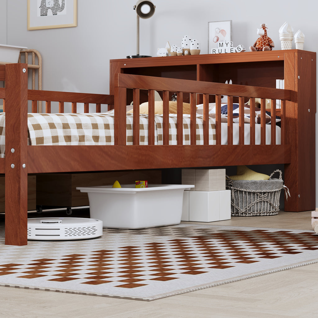 Twin Size Bed with Headboard Storage Rack, Two Under-Bed Drawers