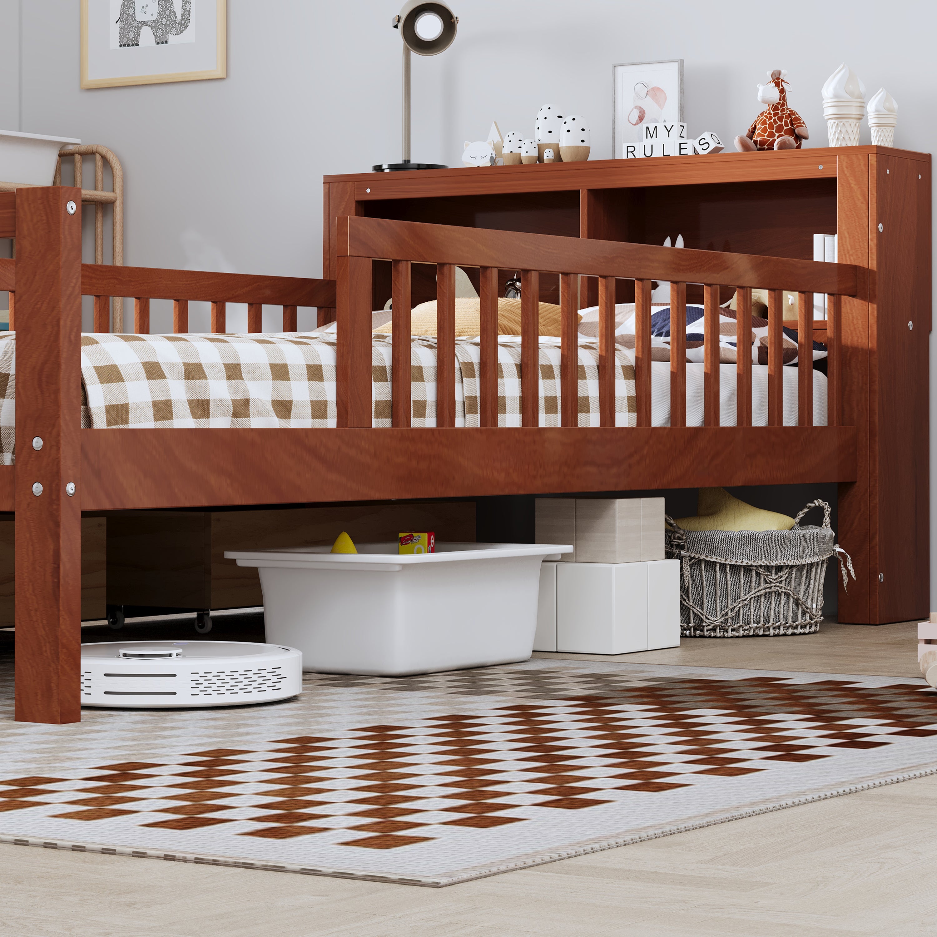 Twin Size Bed with Headboard Storage Rack, Two Under-Bed Drawers