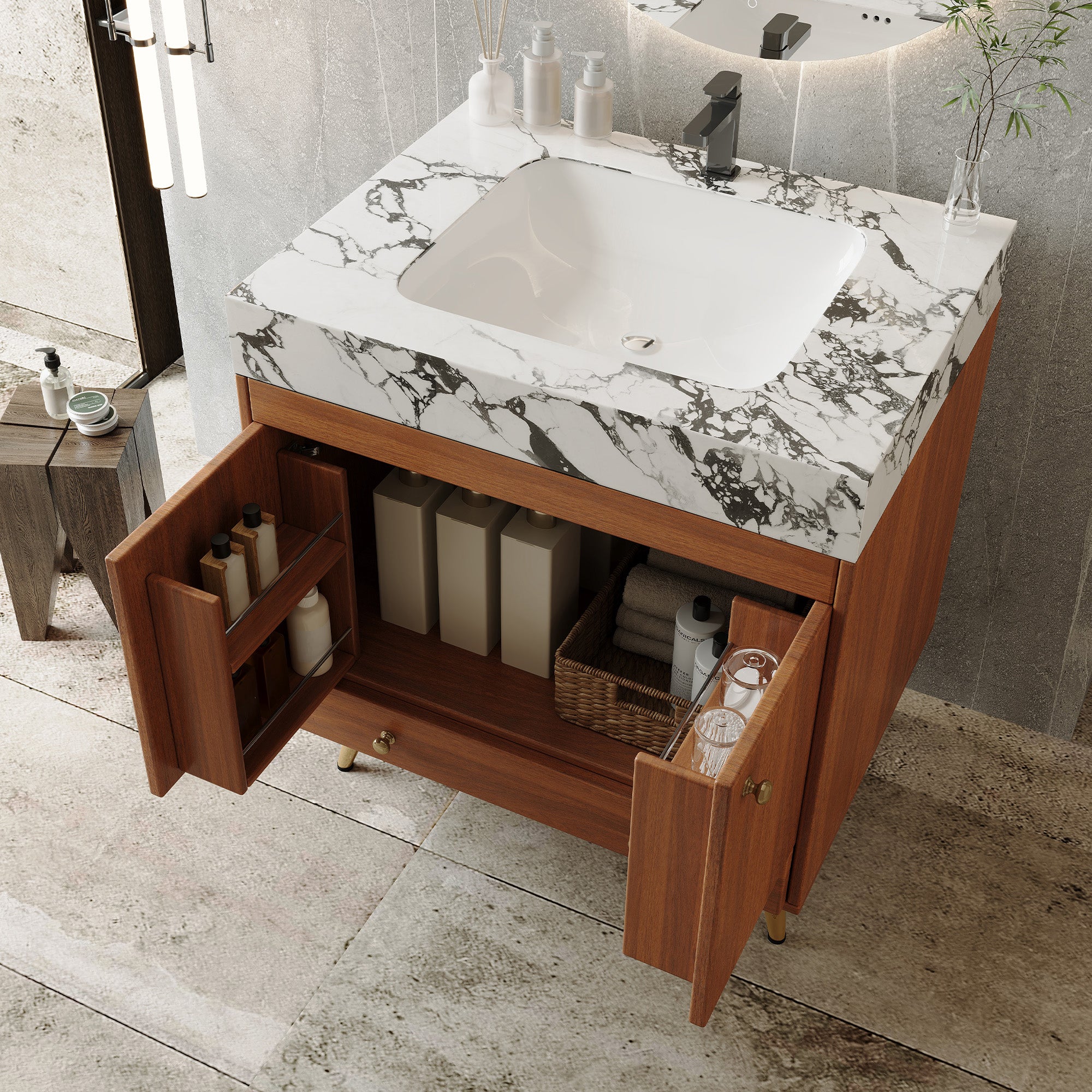 Mid-Century Freestanding Bathroom Vanity with Faux Marble Top
