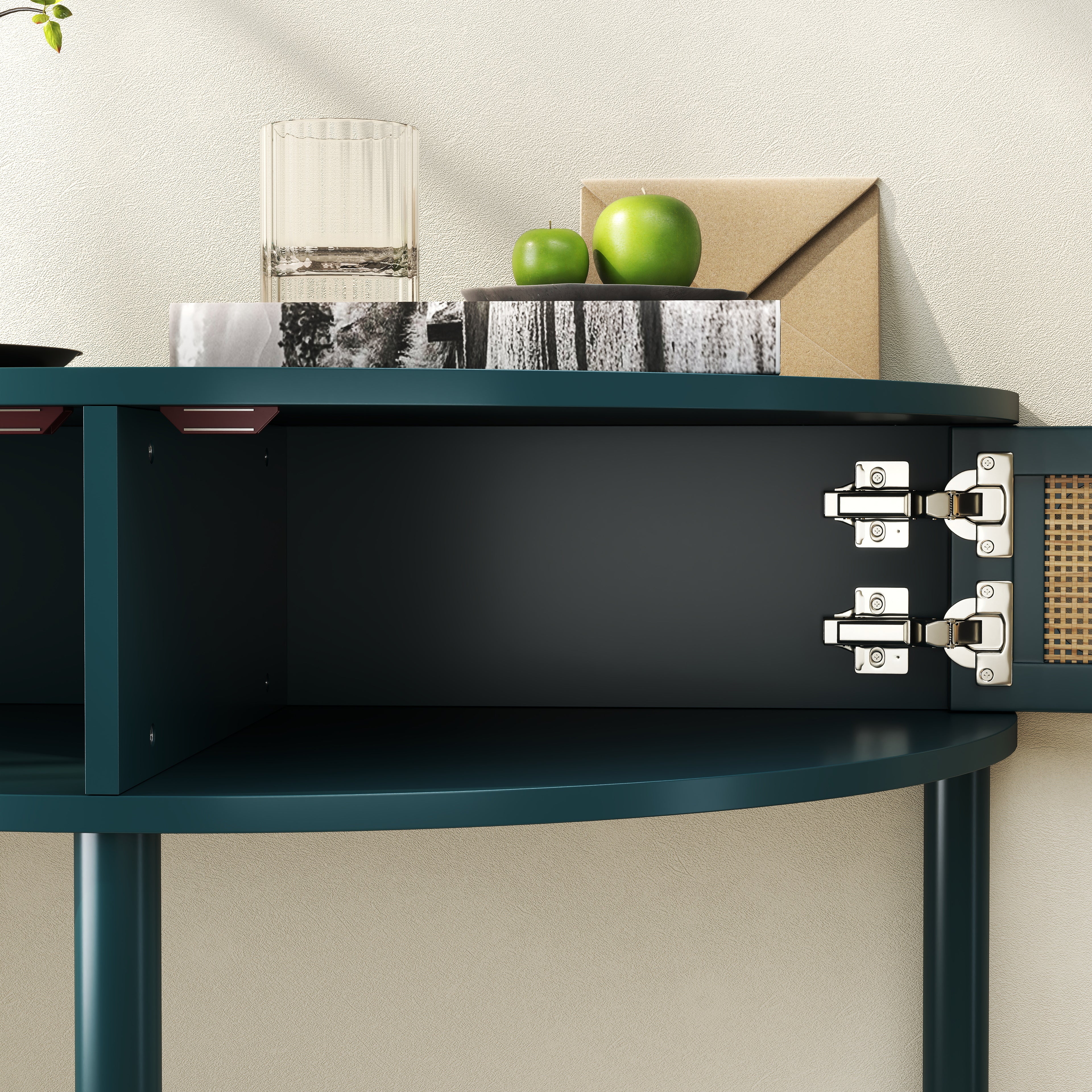 Unique Half Moon Design End Table with Sliding Rattan Door