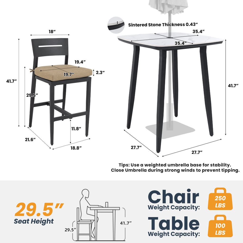 Modern 5PC Outdoor Patio Bar Set, Rounded Square 35.4'' Sintered Stone Table & 4 Aluminum Bar Stools