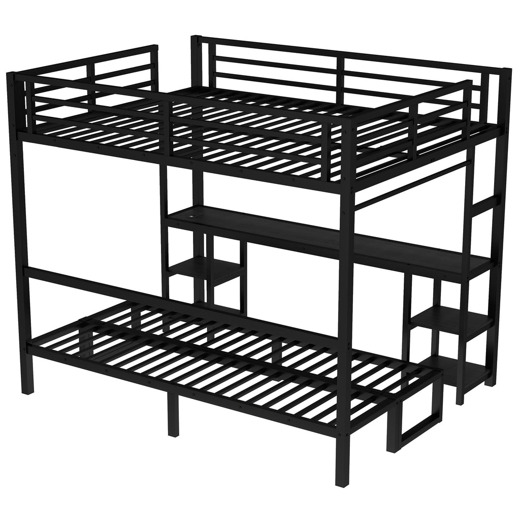 Queen Over Twin XL Metal Bunk Bed with Desk and Shelves